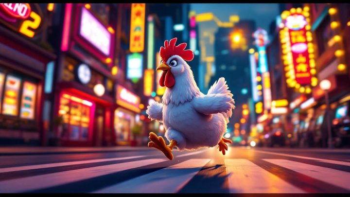 Image photo-réaliste d'une poule cartoon courant à travers une route animée devant une interface de casino en ligne, enseignes néon et machines à sous visibles, lumière volumétrique de coucher de soleil et léger flou de mouvement.