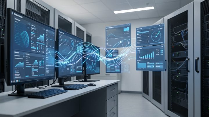 Illustration éditoriale réaliste d’un projet d’agent IA en entreprise, avec une salle serveurs, des écrans techniques montrant des interfaces abstraites et des flux de données lumineux reliant des nœuds, dans un style sobre et épuré.