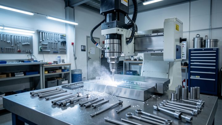 Atelier CNC moderne : une machine en action fraise une pièce métallique sur un établi, éclairage net et ambiance high-tech industrielle, outils bien organisés et vapeur de refroidissement légère.
