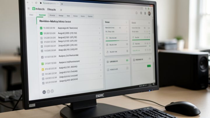 Interface d’historique de révisions sur un ordinateur, avec panneaux de comparaison et ambiance technique dans un bureau bien éclairé.