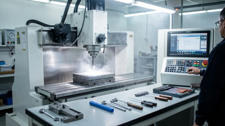 Atelier CNC moderne avec une machine en fonctionnement, un écran de pilotage allumé et un espace propre, organisé et bien rangé.
