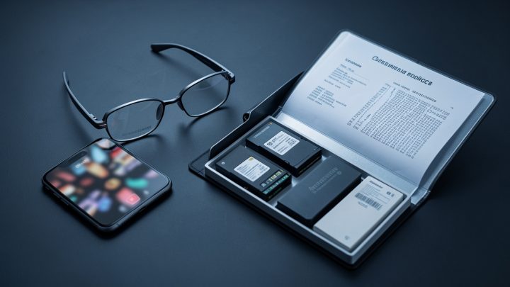 Paire de lunettes connectées posée sur une table sombre, à côté d’un smartphone affichant une image vidéo floutée et d’un dossier contenant des supports de données numériques, dans une ambiance technique et sobre.