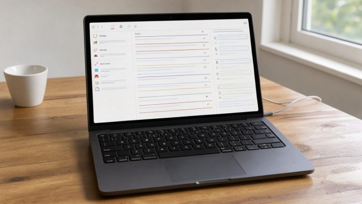 Ordinateur portable affichant une interface générique de messagerie sur un bureau lumineux et bien rangé.
