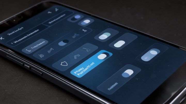 Smartphone moderne affichant une interface de réglages Wi-Fi avec une option de protection de la confidentialité liée à l’adresse MAC, dans une ambiance sobre de cybersécurité.